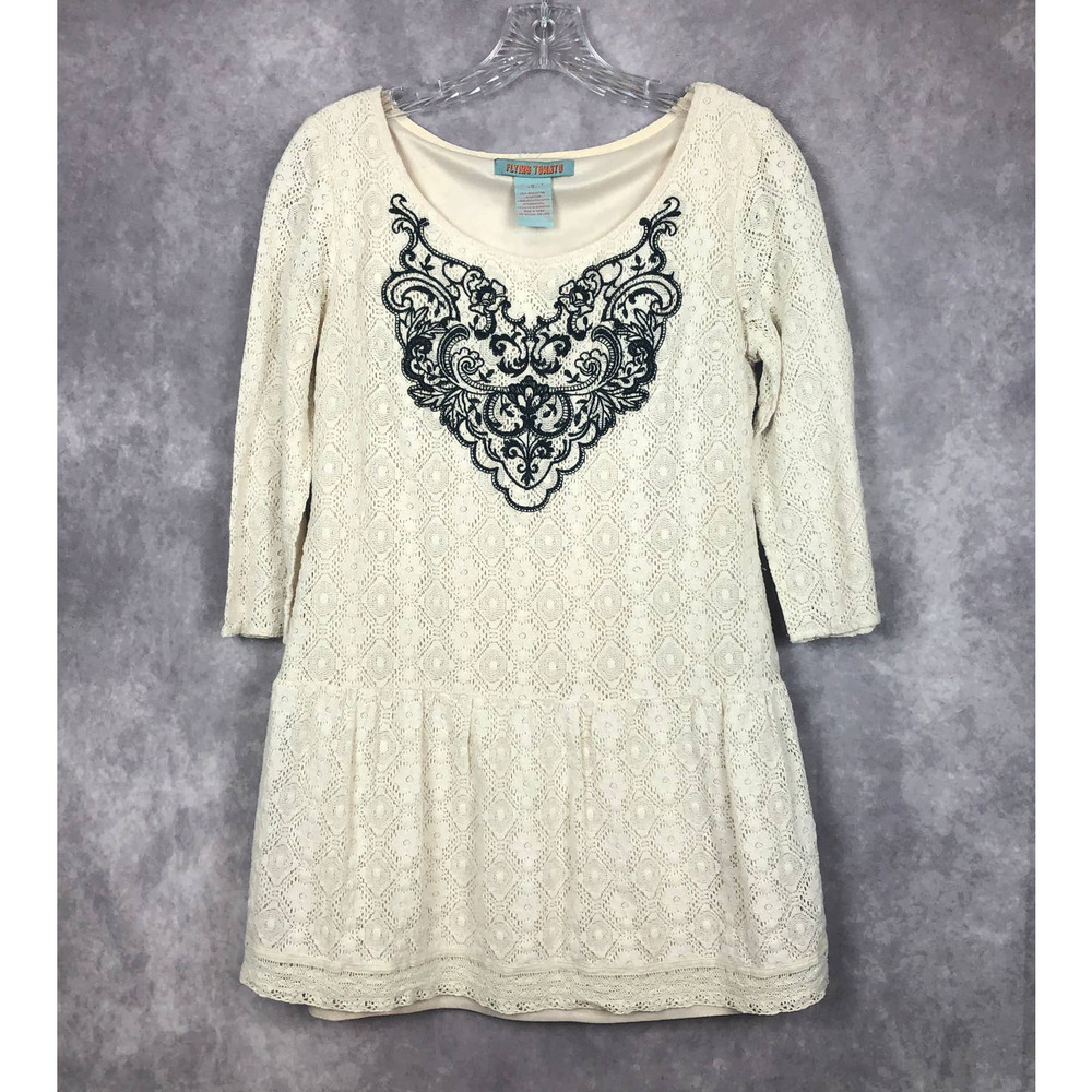 Flying‎ Tomato Womens Size Small Tunic Dress Mini Cream Lace Lined Embroidered